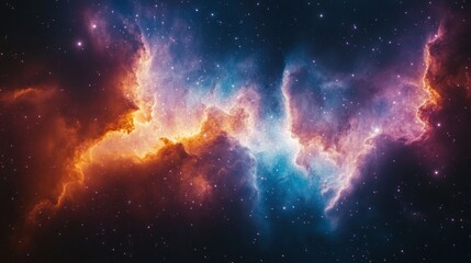 Fototapeta premium A vibrant nebula with swirling clouds of gas and dust in shades of orange, blue, and pink against a dark starry backdrop.