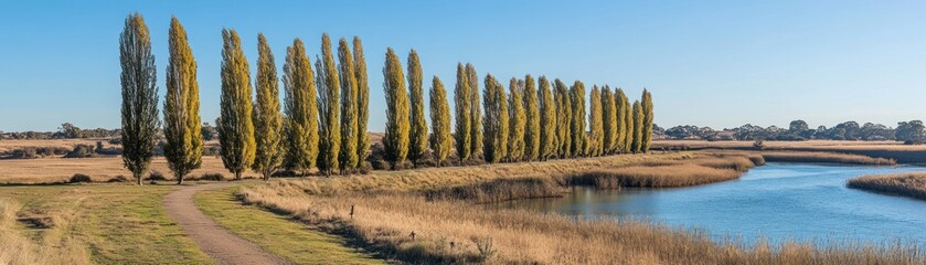 Fototapeta premium Serene landscape with tall trees lining a riverbank under a clear blue sky.