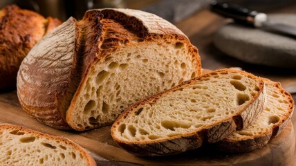 Rustic homemade bread loaf, sliced to reveal a soft, inviting interior