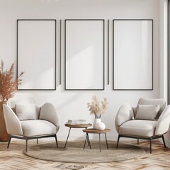 Three empty frames above two white armchairs and a coffee table in a contemporary living room