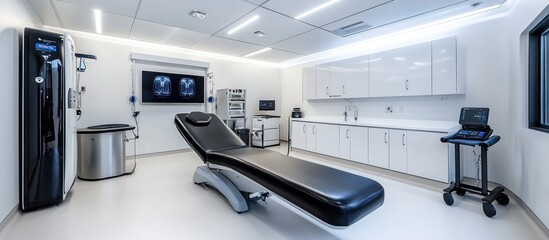 Modern medical examination room with a black medical bed, a medical machine and a monitor with x-ray images.