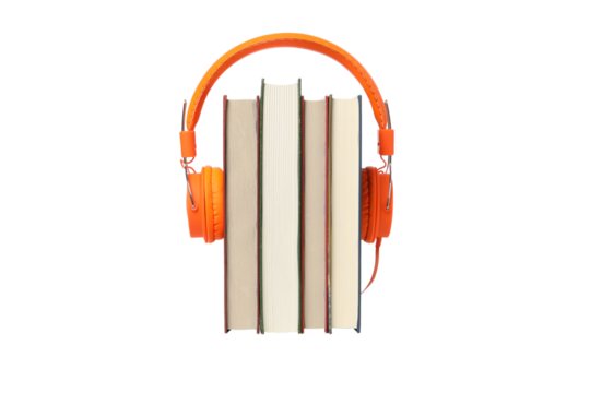 PNG, Books with modern headphones, isolated on white background.