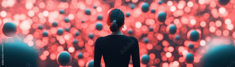 Poster a silhouette of a person stands against a vibrant backdrop of red lights and floating spheres, creat