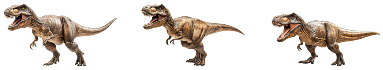 Obraz premium Dinosaur models depicting T-rex in different dynamic poses. Set of png on transparent background