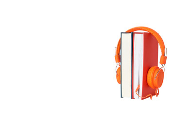 PNG, Books with modern headphones, isolated on white background.