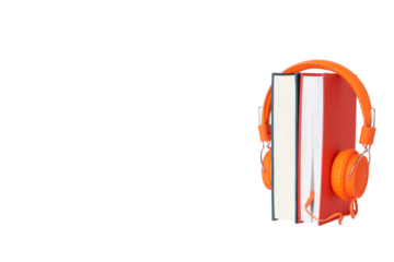 PNG, Books with modern headphones, isolated on white background.