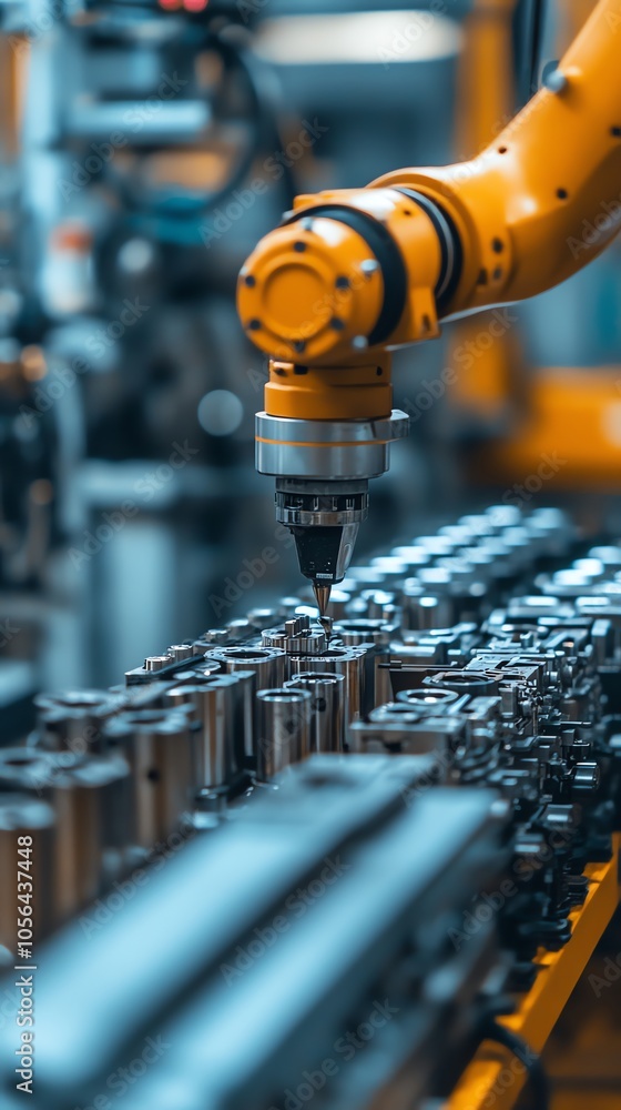 Poster A robotic arm with a drill bit working on an assembly line in a factory.