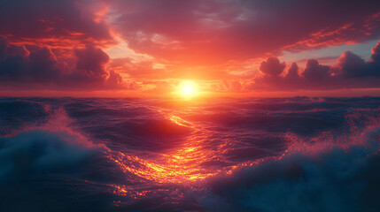 Obraz premium Ocean Sunset Landscape - Dramatic Sky with Waves