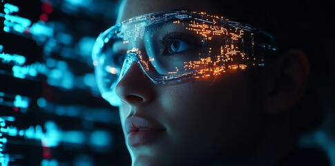 Close-up portrait of a woman wearing futuristic glasses, looking intently at a digital display with glowing blue and orange lights.