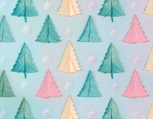 Obraz premium Delicate Christmas tree pattern with delicate snowflakes on a soft pastel background.