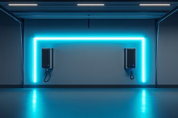 Modern electric vehicle charging station with blue neon lighting in a minimalist garage setting, emphasizing sustainability and innovation.