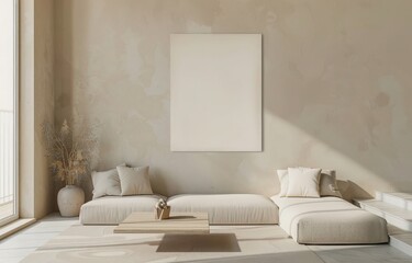 Minimalist living room interior with a beige sofa. coffee table. and a large blank canvas on the wall Sunlight streams in from a large window