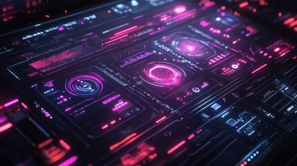 Futuristic digital interface with glowing pink and blue lines and elements.