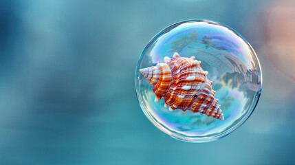 a seashell suspended in a clear bubble
