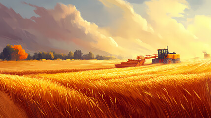 Fototapeta premium A breathtaking scene of golden barley fields being harvested by large machinery at dusk. Golden Harvest Fields. Illustration