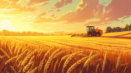 Fototapeta premium A breathtaking scene of golden barley fields being harvested by large machinery at dusk. Golden Harvest Fields. Illustration