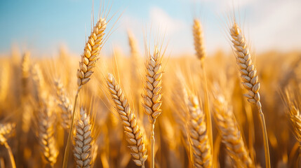 Wheat field with the sun. Golden wheat ears close-up. A fresh crop of rye