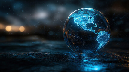 Glowing globe on dark background. Glass sphere with map.