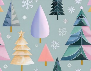 Delicate Christmas tree pattern with delicate snowflakes on a soft pastel background.