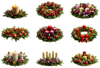 Festive holiday wreaths with candles and decorations on display. Set of png on transparent background