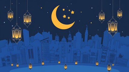 Illuminated Cityscape with Crescent Moon and Lanterns