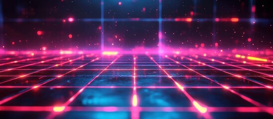 Futuristic glowing grid with neon lights in pink and blue.