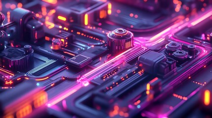 Abstract futuristic cyberpunk background with glowing neon lights, circuits, and mechanical parts.