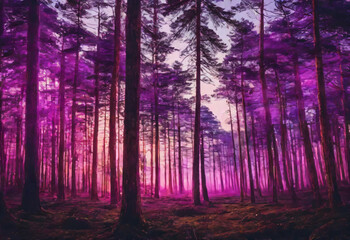 A dense forest of pine trees with a surreal twist, where the trees are colored in shades of vibrant purple