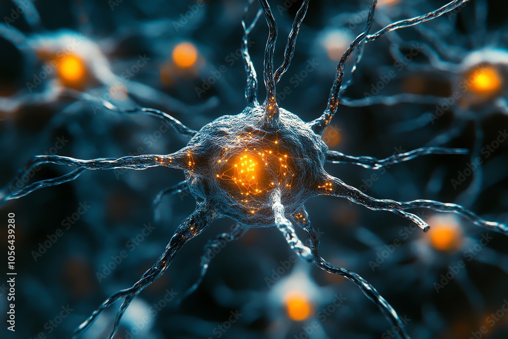Poster A close-up of a glowing neuron with intricate branches, highlighting the complex structure of the nervous system.