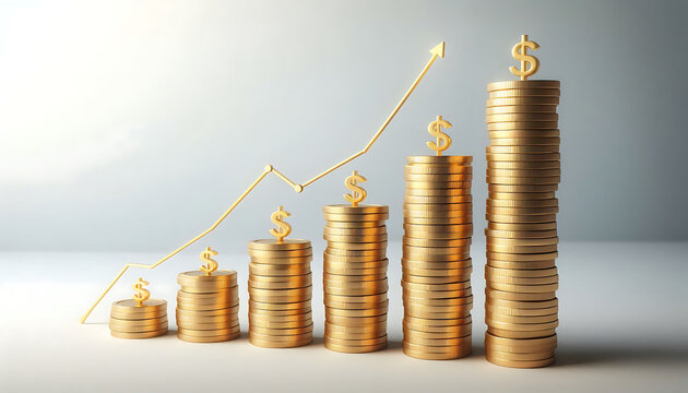 Stacks of gold coins in decreasing order, representing financial growth or savings concept on a white and light grey background