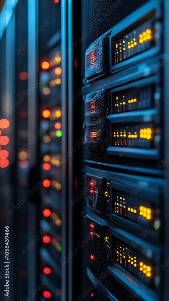 Aufkleber Close-up view of a server rack in a data center with glowing lights.
