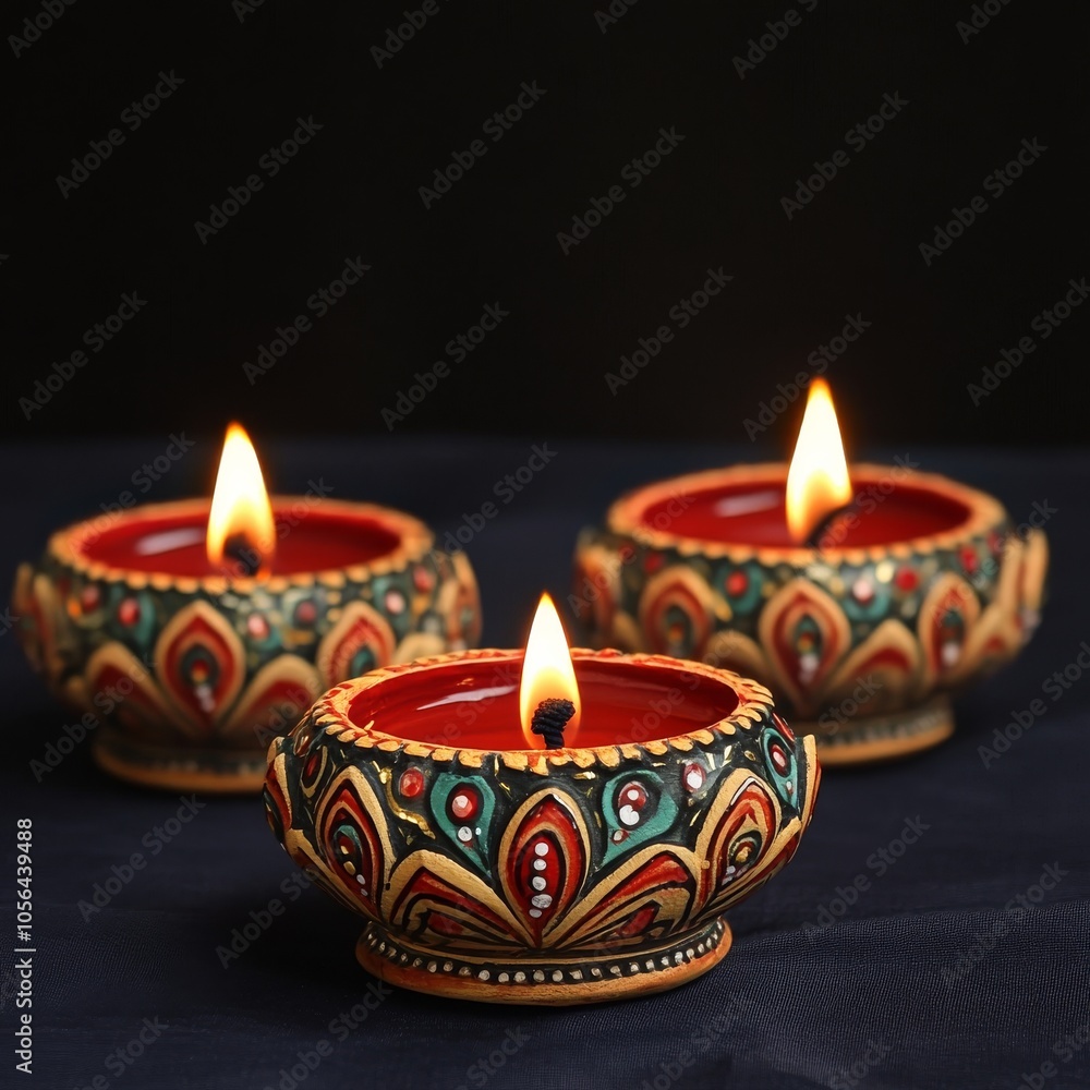 Poster three small candles in a row, each with a different color and design. the candles are lit and the ov