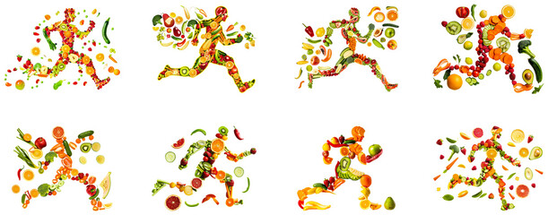 Colorful fruit and vegetable figures in dynamic running poses. Set of png on transparent background