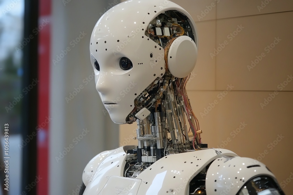 Poster a close-up of a humanoid robot's head, showing its exposed internal circuitry and a human-like face.