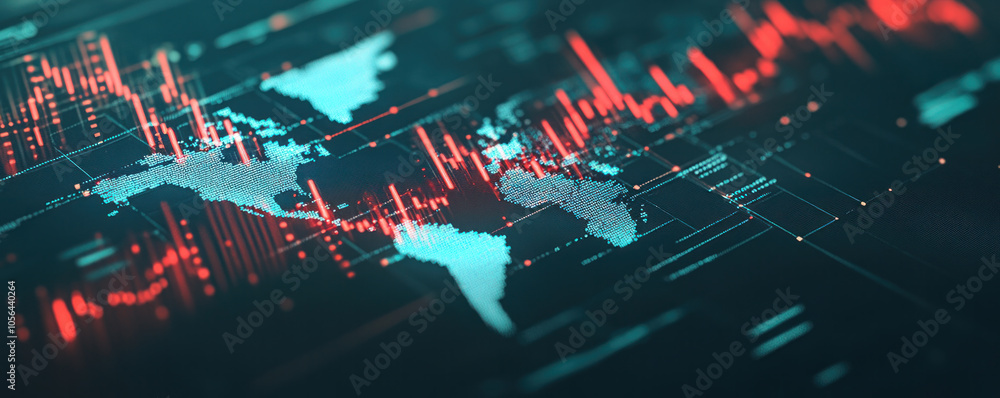 Poster a computer screen shows a map of the world with red and blue lines. the map is filled with dots and 