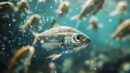 Fototapeta premium Silver Fish Swimming in a Blue Aquarium - Realistic Image