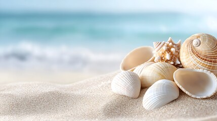 Summer beach scene with close-up of sand, shells, and gentle dunes, soft pastel tones, open composition, space for overlay text, calming atmosphere