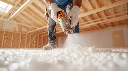 Wide-angle view of a man spraying polyurethane foam inside a newly built wooden house, insulating the structure from floor to ceiling