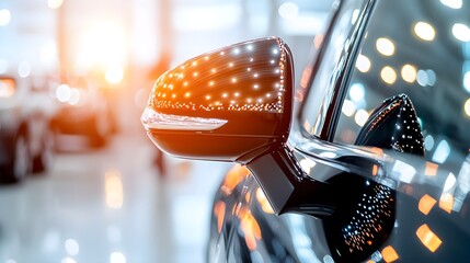 Smiling man touching the side mirror of a sleek, high-end car in a showroom, his reflection in the glass emphasizing his excitement for future purchase