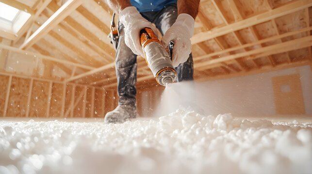 Wide-angle view of a man spraying polyurethane foam inside a newly built wooden house, insulating the structure from floor to ceiling