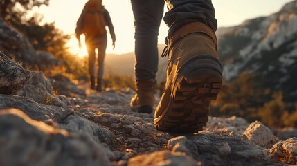 Close-up of hiker's boots on a rocky mountain trail at sunset.