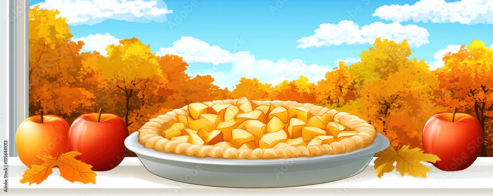 Aufkleber a pie is on a plate next to two apples. the pie is filled with apples and has a golden crust. the ap