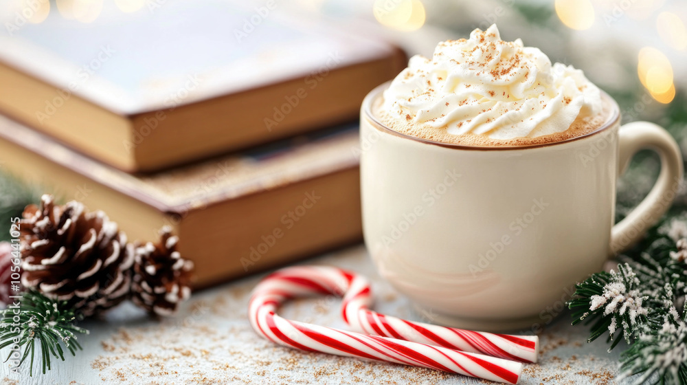 Aufkleber a white mug with whipped cream on top sits on a table next to a stack of books. the scene conveys a 