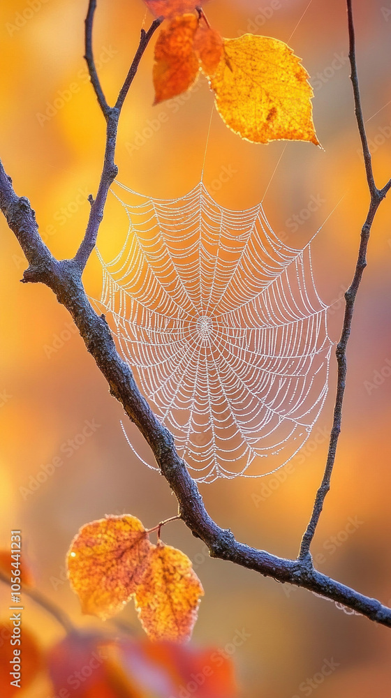 Poster A spider web is on a branch of a tree with leaves. The web is very thin and delicate