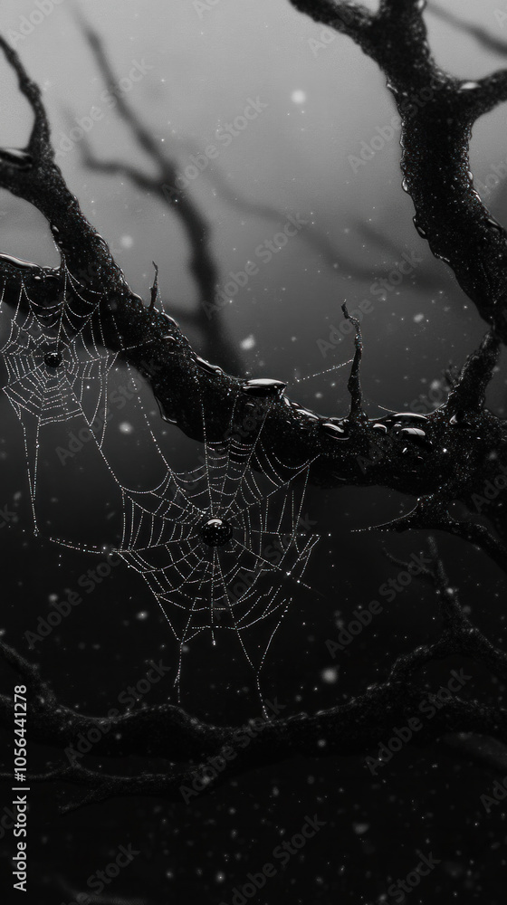 Poster a spider web is on a tree branch. the spider web is black and white