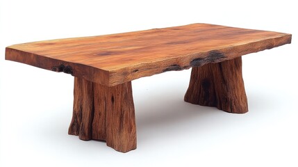 Rustic wooden table with live edge top and tree trunk legs.