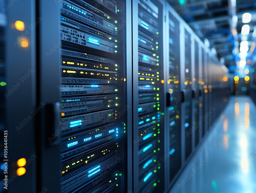 Poster Row of server racks in a data center, lit with colorful lights, showing the power and complexity of modern technology.
