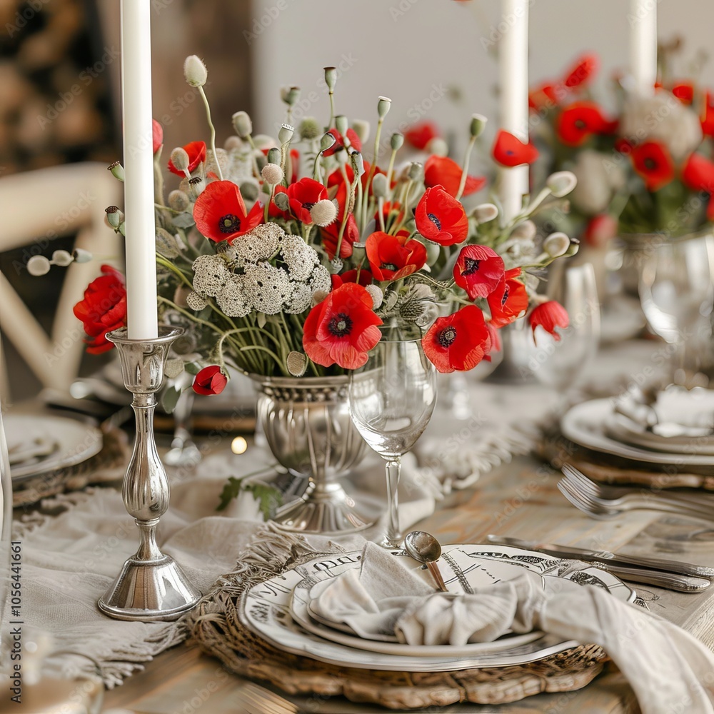 Poster classy memorial day table setting adorned with silver candlesticks and delicate poppy flower arrange