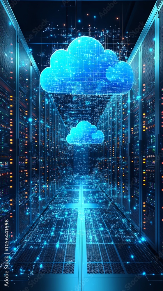 Poster Two 3D blue clouds float above rows of glowing servers in a dark data center.