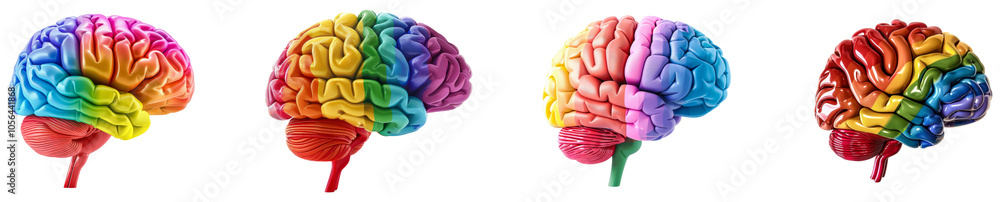 Poster colorful brain models demonstrating human anatomy and function. set of png on transparent background